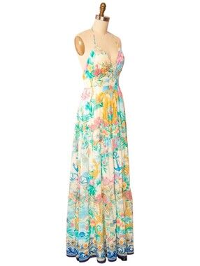 NWOT Flying Tomato Coastal Nautical Tiered Halter Maxi Dress Open Back Sz Small